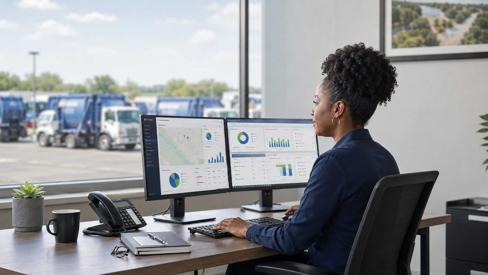 A.R.M. Solutions analyst reviewing recovery dashboards across three monitors