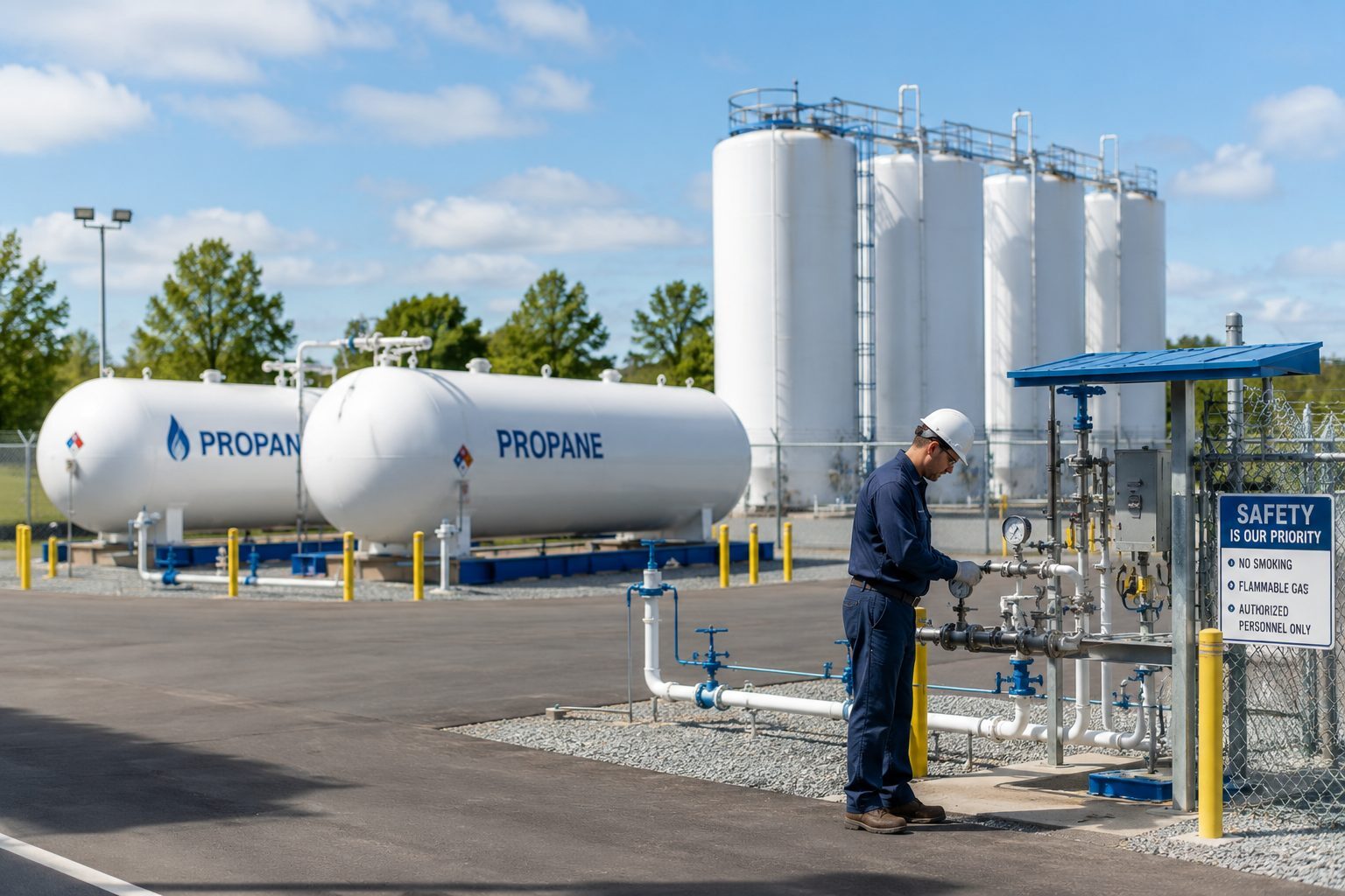 Technician inspecting valves at a propane storage facility