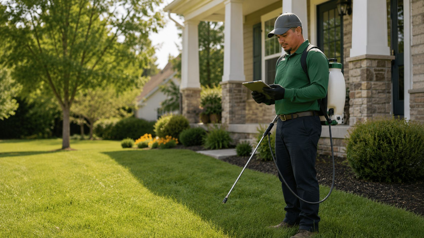 Pest control technician reviewing a work order outside a client's home